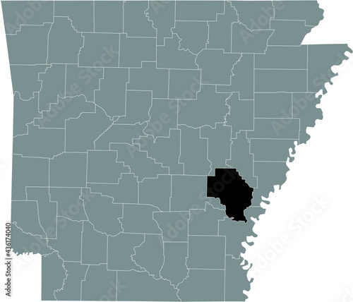 Black highlighted location map of the US Arkansas county inside gray map of the Federal State of Arkansas, USA