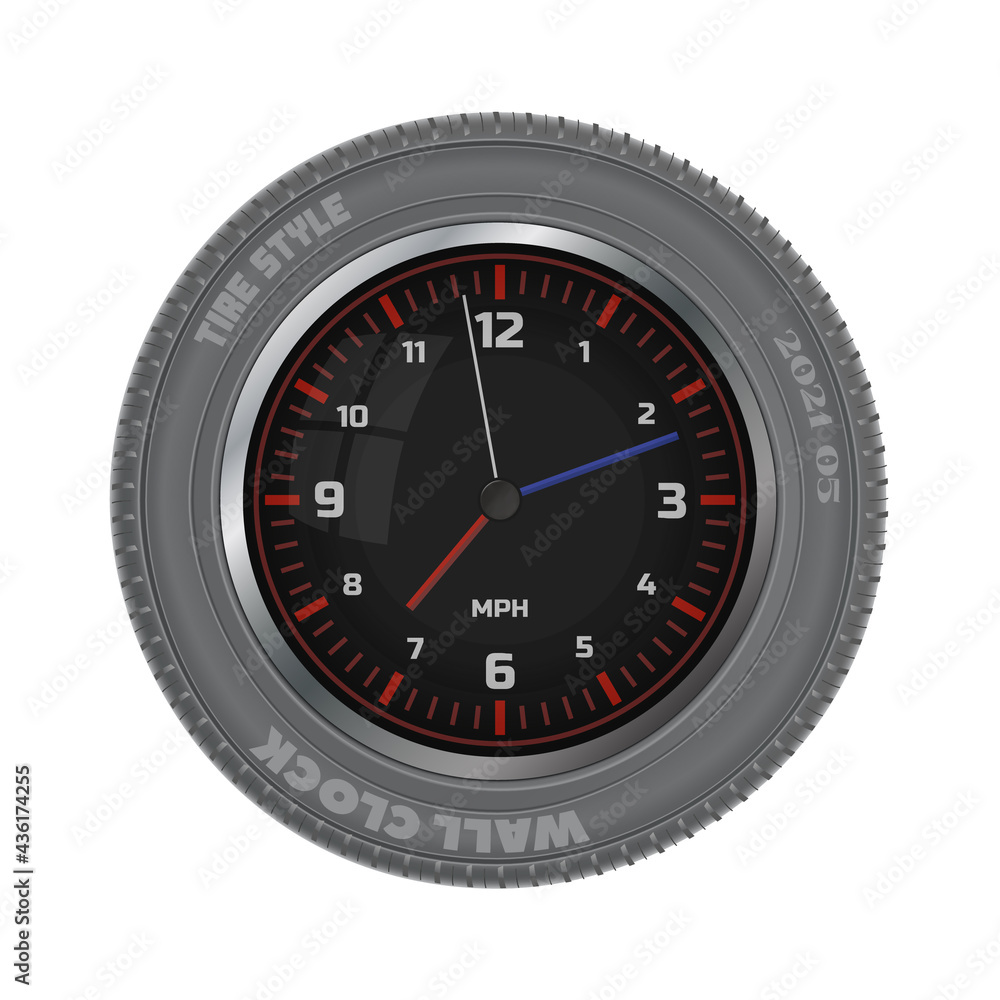 Tire style decorative wall clock. Creative business idea. Isolated white background. Vector illustration. Tire style decorative wall clock. Creative business idea. Isolated white background. Vector illustration.