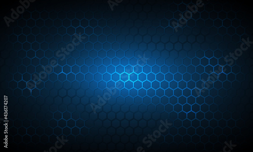 Dark blue technology hexagonal vector background. Abstract blue bright energy flashes under hexagon in dark technology, modern, futuristic vector illustration. Blue honeycomb texture grid.