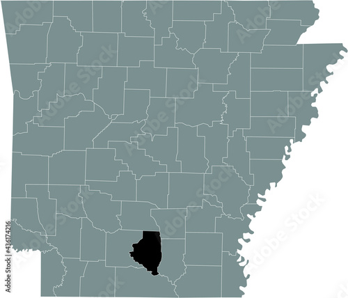 Black highlighted location map of the US Calhoun county inside gray map of the Federal State of Arkansas, USA