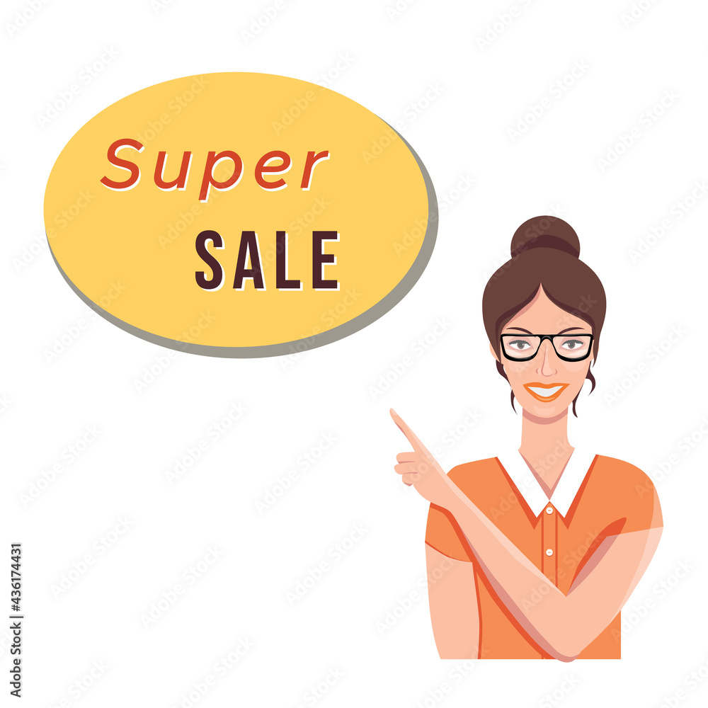 Smiling girl in orange blouse and glasses points finger at the banner with announcement about discount. Super sale. Vector isolated flat illustration for advertising.