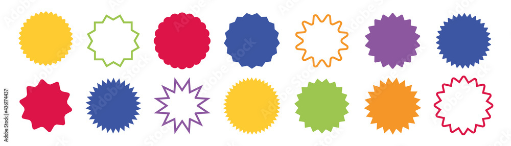 Set colorful star burst in retro style on white background. Starburst speech bubble round badge. Stars for sale stickers or label. Vector illustration. Set colorful star burst in retro style on white background. Starburst speech bubble round badge. Stars for sale stickers or label. Vector illustration.