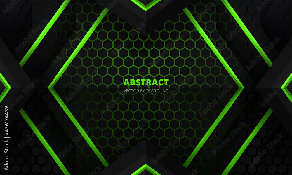 Futuristic black and green abstract gaming banner design template with hexagon carbon fiber. Dark tech hexagonal concept vector background for game banner and cyber sport poster. Futuristic black and green abstract gaming banner design template with hexagon carbon fiber. Dark tech hexagonal concept vector background for game banner and cyber sport poster.