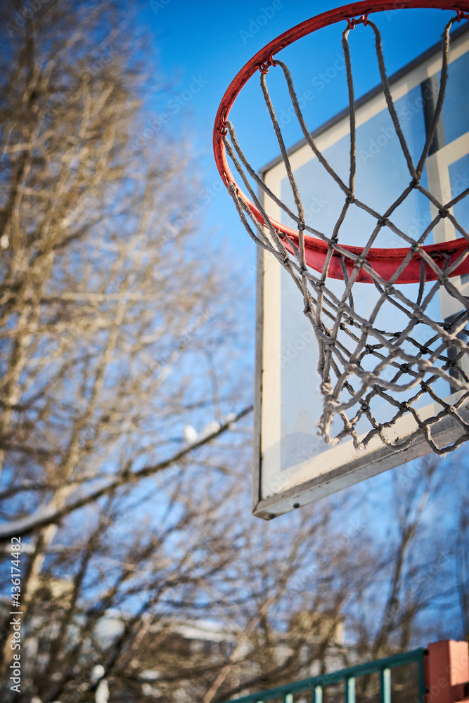 Basketball hoop and naked trees on winter on a blurred background