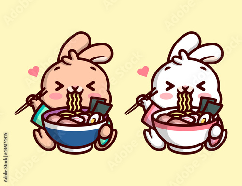 CUTE LITTLE BUNNY IS EATING A BIG BOWL OF RAMEN NOODLE AND FEELING LOVELY IN TWO COLOR OPTION. HIGH QUALITY CARTOON MASCOT DESIGN.