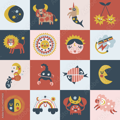 Zodiac character patchwork tiles vector seamless pattern. Childish cartoon horoscope tiled background. Magical Boho baby spiritual astrological design. Scandinavian decorative childish print.
