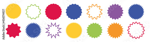 Set colorful star burst in retro style on white background. Starburst speech bubble round badge. Stars for sale stickers or label. Vector illustration.