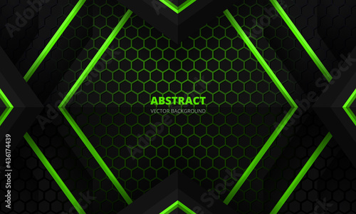 Futuristic black and green abstract gaming banner design template with hexagon carbon fiber. Dark tech hexagonal concept vector background for game banner and cyber sport poster.