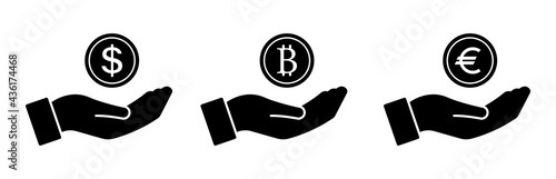 Hold hand money icon collection. Vector dollar euro bitcoin currency sign. Payment exchange symbol. 