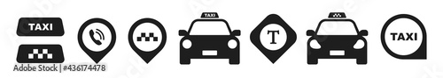 Taxi service icon set. Taxi checkered, map pin, car, auto trip vector symbols. Design element for taxi service isolated.