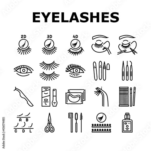 Eyelashes Extension Collection Icons Set Vector. Applying And Correction Eyelashes, Patches And Tweezers, Brushes And Scissors Black Contour Illustrations