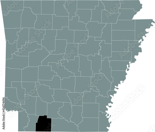 Black highlighted location map of the US Columbia county inside gray map of the Federal State of Arkansas, USA
