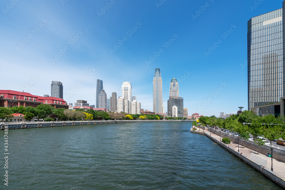 Street View of modern architecture along Haihe River in Tianjin