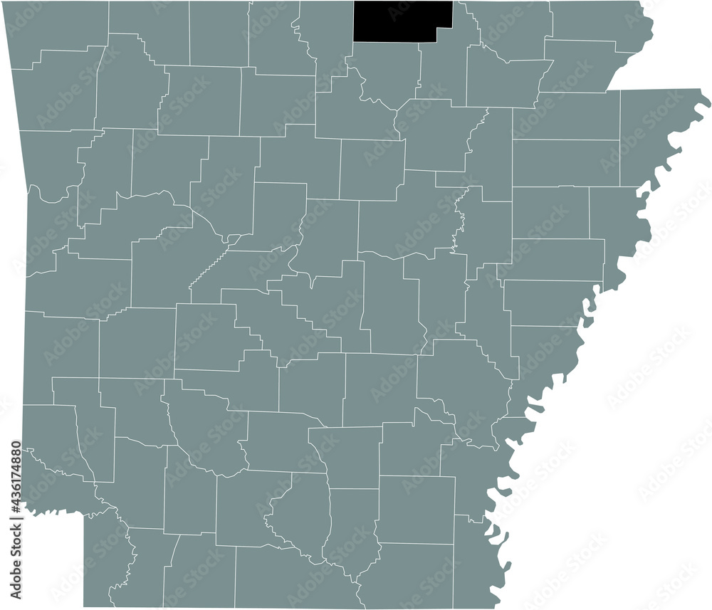 Black highlighted location map of the US Fulton county inside gray map of the Federal State of Arkansas, USA