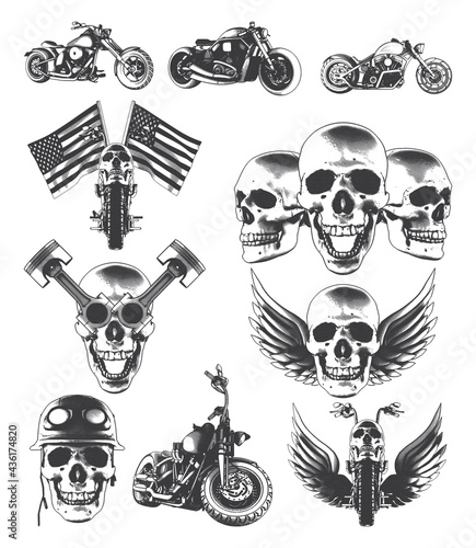 Isolated illustrations set - motorcycles, skulls, wings, flags and pistions
