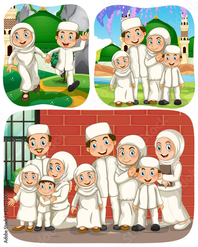 Set of muslim people cartoon character in different scene