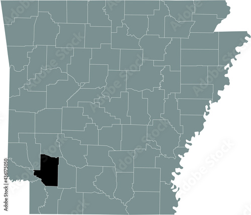 Black highlighted location map of the US Hempstead county inside gray map of the Federal State of Arkansas, USA