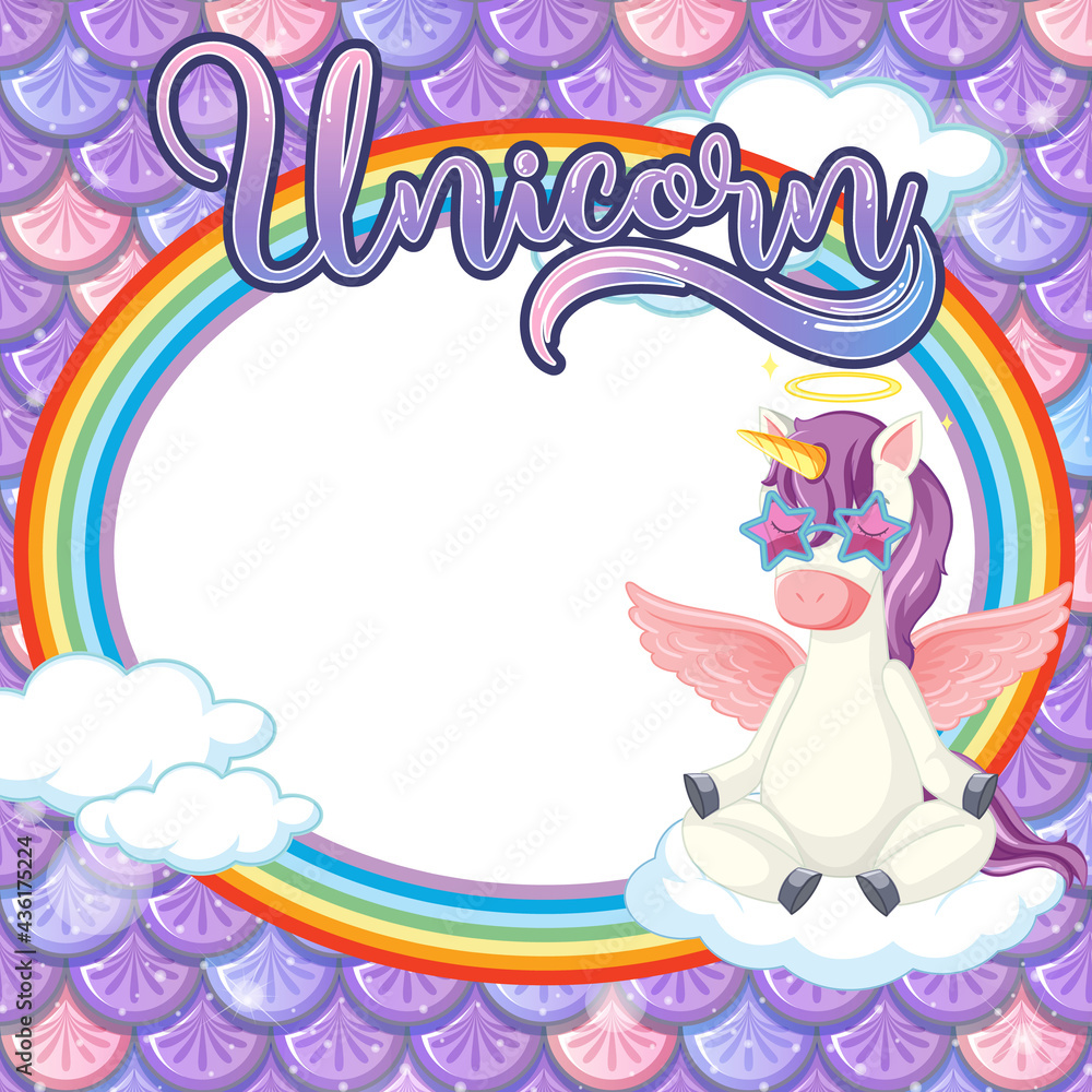 Oval frame template on purple fish scales background with unicorn cartoon character