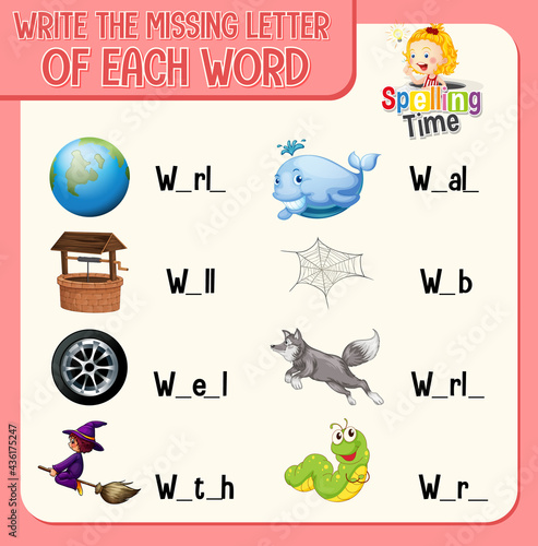 Write the missing letter of each word worksheet for children