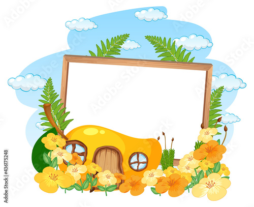Empty banner with fantasy mango house and many flowers