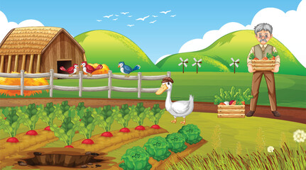 Fototapete Bauernhof Farm scene with old farmer man and farm animals  © GraphicsRF