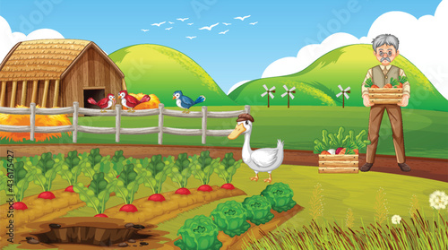 Farm scene with old farmer man and farm animals
