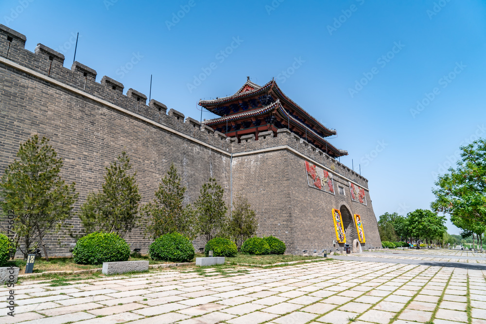 Street View of ancient buildings of Dongchanghu tower in Liaocheng, Shandong Province