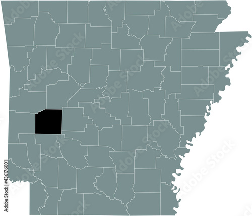 Black highlighted location map of the US Montgomery county inside gray map of the Federal State of Arkansas, USA