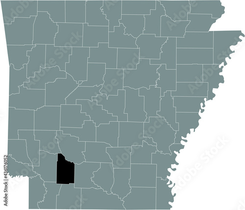 Black highlighted location map of the US Nevada county inside gray map of the Federal State of Arkansas, USA