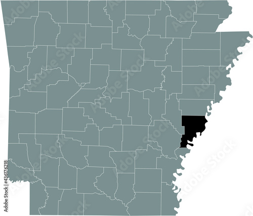Black highlighted location map of the US Phillips county inside gray map of the Federal State of Arkansas, USA