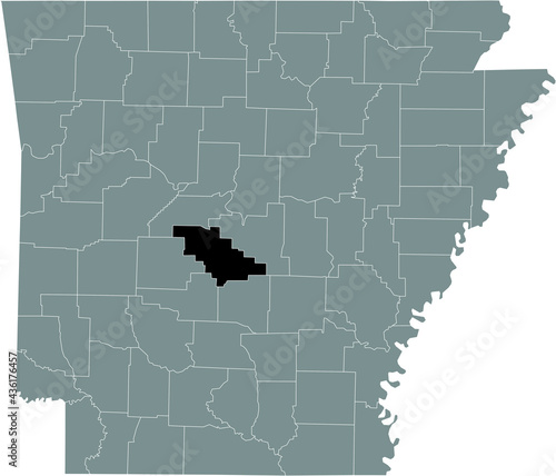 Black highlighted location map of the US Saline county inside gray map of the Federal State of Arkansas, USA