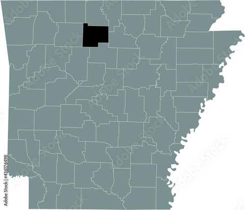 Black highlighted location map of the US Searcy county inside gray map of the Federal State of Arkansas, USA