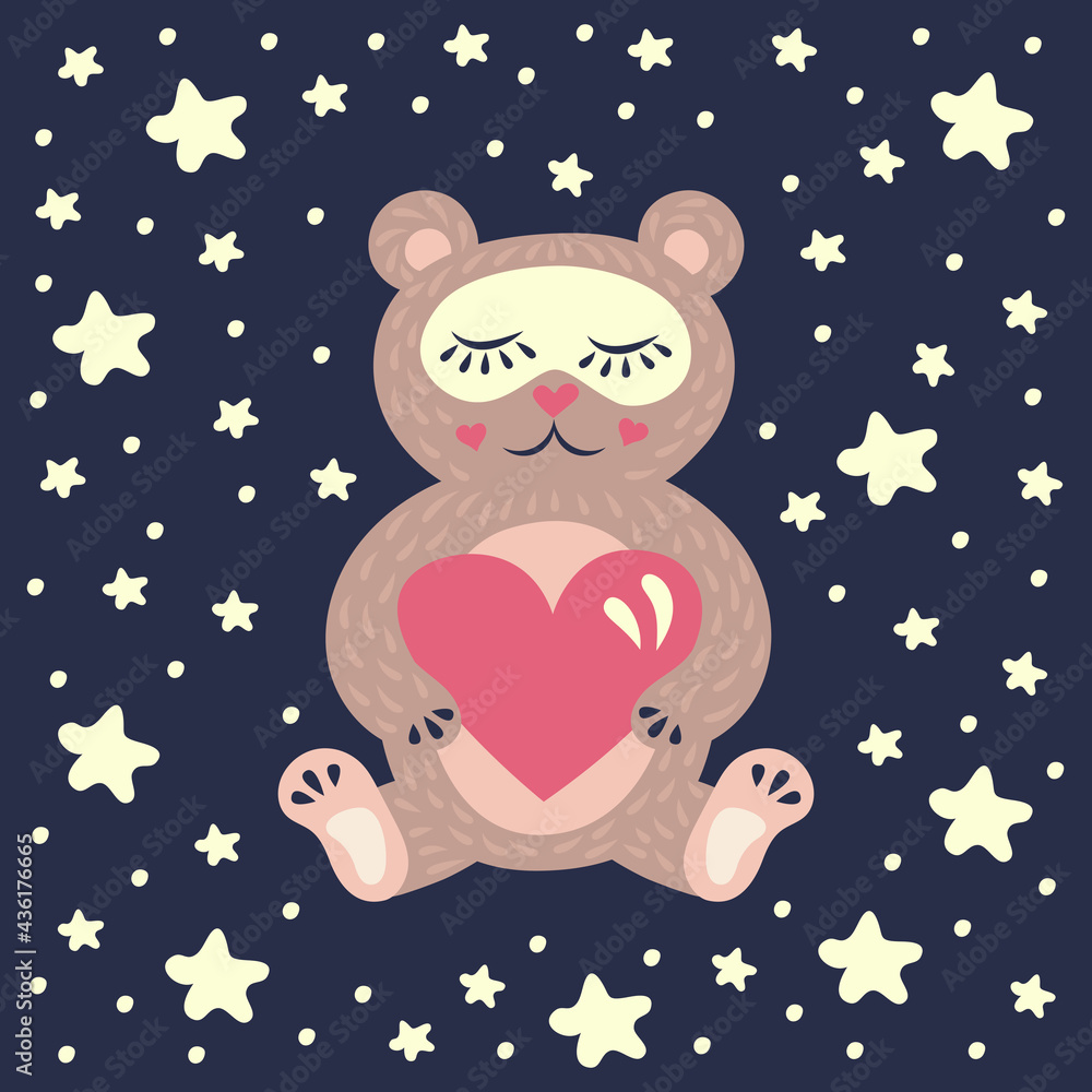 Teddy bear with a heart in its paws and a mask for sleeping on a background of stars. Children's poster for the bedroom. Teddy bear with a heart in its paws and a mask for sleeping on a background of stars. Children's poster for the bedroom.