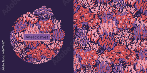 Night pink and violet hand drawn flower garden