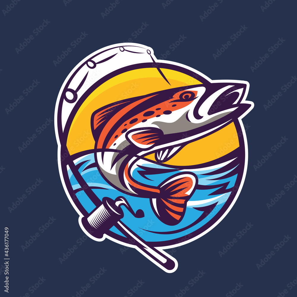 Plakat Salmon with spinning rod. Concept art of fishing in cartoon style.