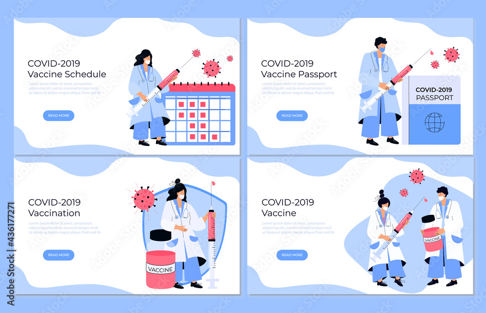 COVID-19 Vaccination. Vaccine schedule. Coronavirus immune pass. Immunization plan. Doctor with syringe to protect from virus. Landing page.