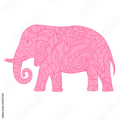 Elephant. Design Zentangle. Hand drawn elephant with abstract patterns on isolation background. Design for spiritual relaxation for adults. Line art creation. Decorative style. Outline for t-shirts