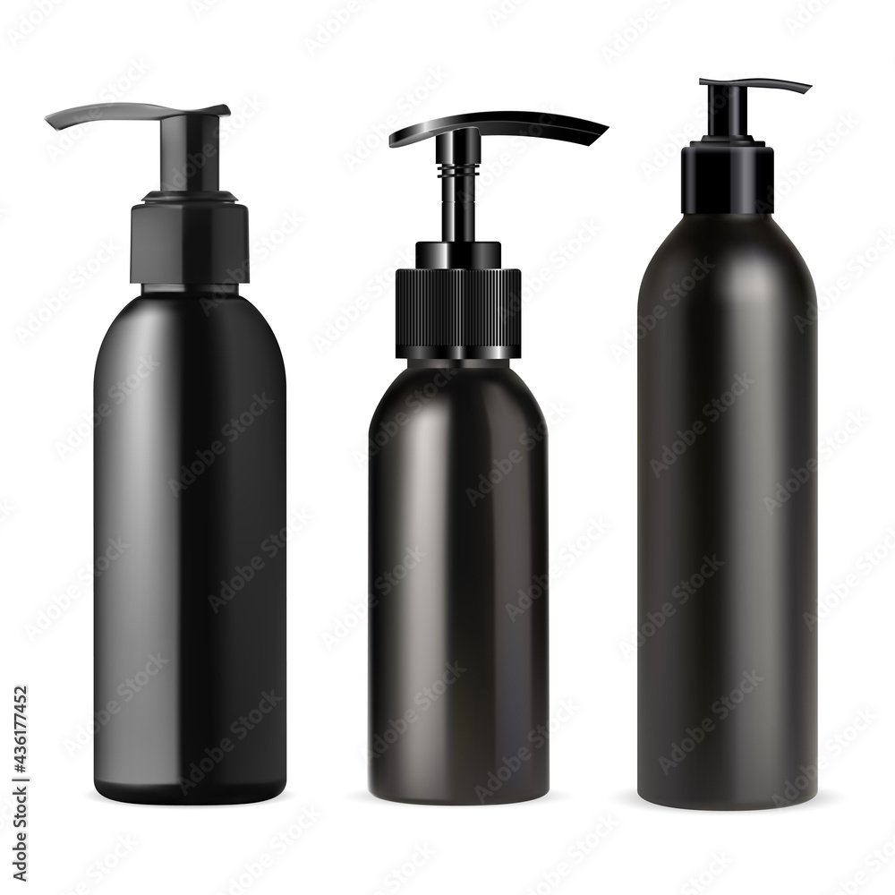 Fototapeta premium Black pump dispenser bottle mockup. Cosmetic container, plastic pump tube, vector template. Realistic bath packaging isolated on white background. Sprayer trigger plastic tube