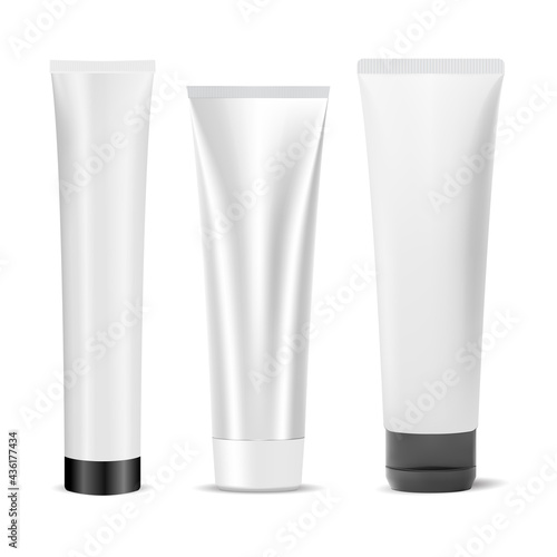 Cream tube mockup, lotion product container blank. Toothpaste tube, 3d vector. Face skin moisturizer plastic bottle. Pharmacy ointment tube