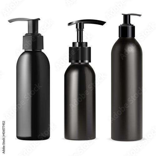 Black pump dispenser bottle mockup. Cosmetic container, plastic pump tube, vector template. Realistic bath packaging isolated on white background. Sprayer trigger plastic tube