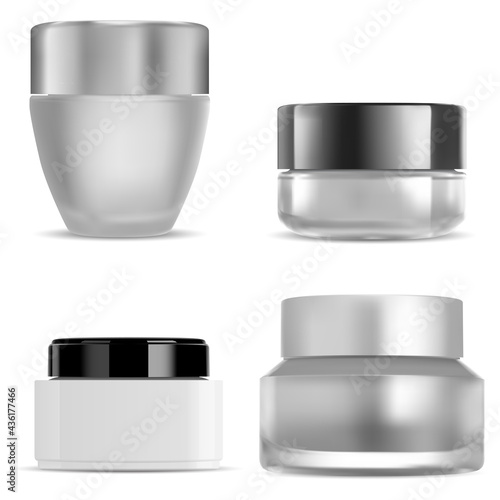 Cosmetic cream jar Transparent glass bottle mockup. Facial beauty product container, face care ointment round package template isolated on white background, metal plastic lid