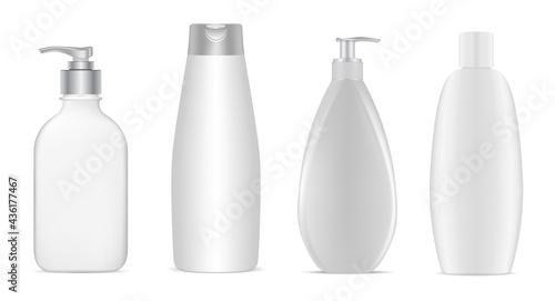 Cosmetic bottle package mockup. Cosmetic product container, skin care cream tube, hair lotion, shampoo jar sample mock up, 3d design templateRealistic balm conditioner dispenser bottle