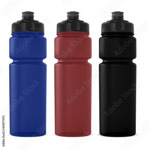 Bicycle sport water bottle. Reusable drink bottle mockup. Black plastic fitness flask template. Camping or hiking adventure equipment. Summer travel activity beverage bottle collection