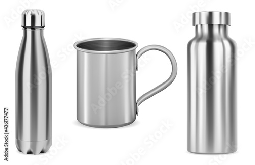 Metal bottle, tumbler, cup. Stainless steel thermo flask, 3d vector blank. Aluminum tin isolated on white background. Iron cup with handle, realistic fitness tin closeup