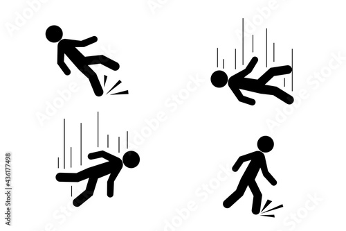 Set of caution symbols with stick figure man falling.