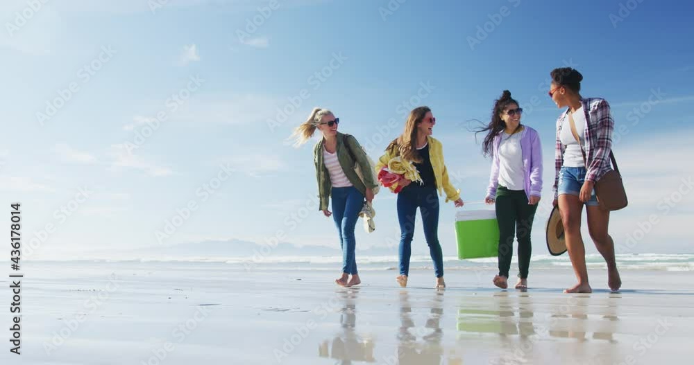 Happy group of diverse female friends having fun, walking along beach Happy group of diverse female friends having fun, walking along beach