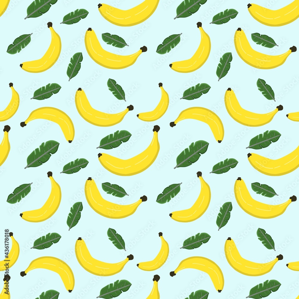 Seamless pattern of bananas and leaves on colored background. The illustration is hand-drawn. Design for clothing fabric, paper and other objects. Digital illustration.