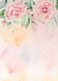 Watercolor pink flowers and green leaves card illustration