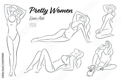 Line Art of Women in Different Poses Collection. One Line art isolated vector illustrations set. Hand Drawn sketches of females for logo  emblem  web  prints  cosmetics  spa  beauty care products