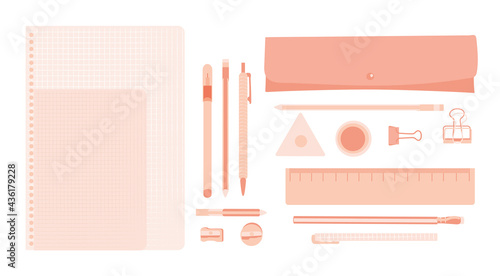 pink School equipment vector illustration set. Education, homeoffice supplies, pen, eraser, pencil, crayon, office clips, pencil case, pencil-box, pencil sharpener, eraser. Pink workplace stilisation